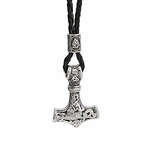 YABEME Men Viking Thor Hammer Mjolnir Pendant Necklace Stainless Steel Vintage Braided Leather Rope Chain Biker Amulet Jewelry with Valknut Rune Gift Bag,Silver,27inch