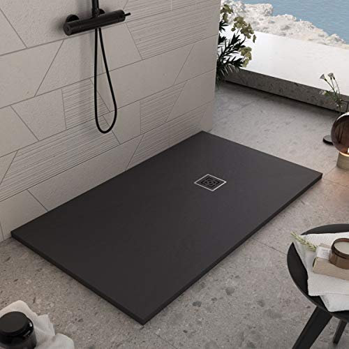 Luminosa ArredoBagno Duschtasse Mineralmarmor, 75 x 170 cm, Steinoptik, rutschfest, mit Gelcoat – Modell Roma Schwarz – Gitter und Abfluss im Lieferumfang enthalten