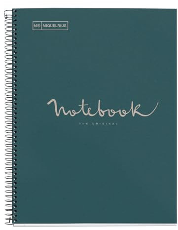 Miquelrius - Recycelter Spiralblock A4 - 80 Blatt 80 g - Linien 7 mm - 1 farbiger Streifen - Recyceltes Karton-Hardcover - Farbe Navy, Öko-Optik