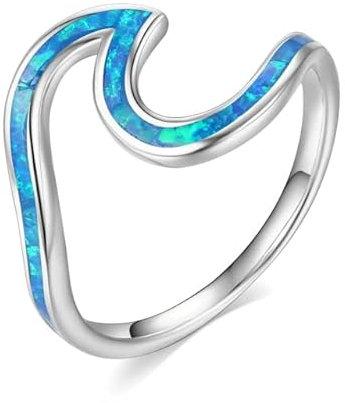 SALAN Weiblicher Regenbogen-geburtsstein 925 Sterlingsilber-Wellen-Ringe Für Frauen-Mann-blauen Feueropal-Ring-Weinlese-hochzeits-schmuck