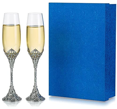 Inweder Lot de 2 flûtes à champagne en cristal avec base en métal avec pierres de cristal, verres à griller argentés, cadeau pour mariée et marié, anniversaire, fête, 200 ml