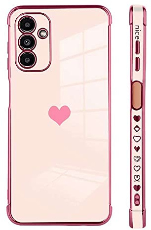 Knoowcase for Samsung Galaxy A14 Case for Girls Women Shockproof Flexible Silicone Bumper Lens Protection Luxury Plated Gold Heart Slim Anti Scratch Phone Cover for Samsung Galaxy A14,Pink