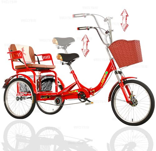 Triciclo per adulti pieghevole con seggiolino per bambini Bicicletta a 3 ruote per triciclo da donna con cestino con sedile posteriore Biciclette da 20 pollici Carico massimo 440 libbre (red8)