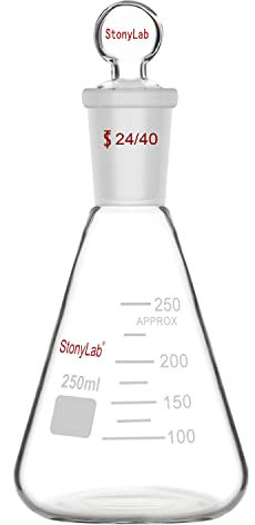 stonylab Glass 24/40 Erlenmeyer Flask with Stopper, 250 ml Borosilicate Glass Heavy Wall Flask with 24/40 Standard Taper Outer Joint and Glass Stopper