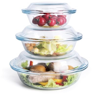 HUSANMP Juego de cazuelas redondas de cristal templado, molde de cristal con tapa para horno, congelador y lavavajillas (0,5 L + 1,0 L + 1,8 L)