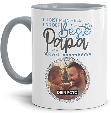 Tassendruck Tasse für Papa mit Foto Personalisieren - Papa Mein Held - Persönliches Geschenk für Papa, Vater Geschenkidee | Personalisiertes Geschenk, 300ml, Innen & Henkel Grau