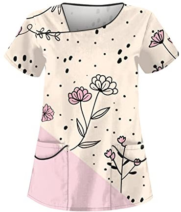 Kasacks Damen Berufsbekleidung Kittel Mit Motiv Berufskleidung Pflegekasacks Altenpflege Kassaks Frauen (6-Beige, XL)