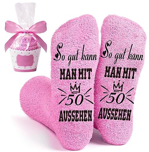 Stoppersocken 50. Geburtstag Frauen Lustige Geschenk, Kuschelsocken Damen 39-42 Antirutsch Socken mit Spruch So gut kann MAN MIT 50 AUSSEHEN für Beste Freundin Mama