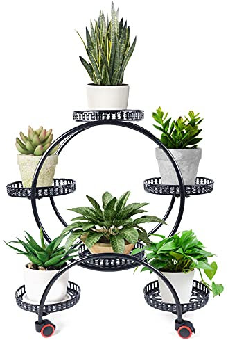 wanwanper Metall Pflanzgefäß Blumenständer Blumentreppe mit Rädern, Metall-Pflanzenständer mit 6 Ebenen, Retro Pflanzenregal für Hofdekoration, Garten, Balkon, Zimmer, Büro (Schwarz)