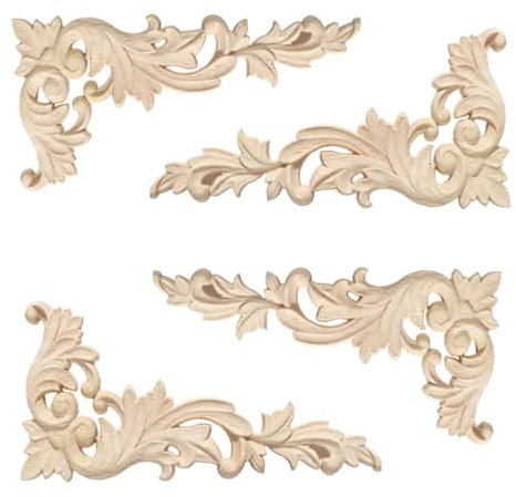 Gativs Applique in Legno Intagliato 4 Pezzi per Mobili, Fregi Decorativi, Decalcomanie per Porta e Armadietto, 20 * 10cm