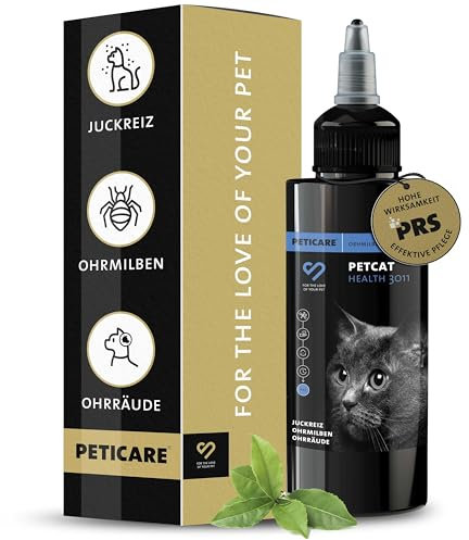 Peticare Gato Aceite de Cuidado Limpiador para Acaros del Oido y Anti-Parasitos - Gotas de Tratamiento, Limpia Eficazmente Orejas, Detiene Otitis Parasitaria - petCat Health 3011