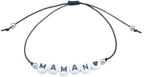 Bracelet maman en perles lettre, cordon noir réglable (Fond blanc/écriture noire)