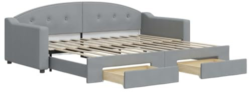 vidaXL Tagesbett Ausziehbar, Bett Gästebett mit 2 Schubladen, Schlafsofa für Wohnzimmer Schlafzimmer, Schlafcouch Sofabett Bettsofa, Hellgrau 90x200cm Stoff