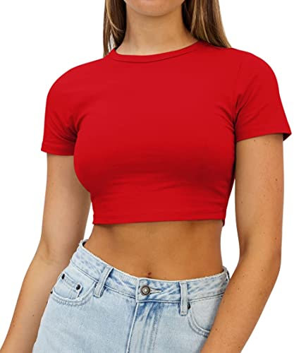AirMood Womens Crop Summer Tee Tops Short Sleeve Casual Cropped Tshirt (Red,M)