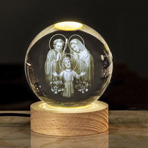 Leuchtenden Kristallkugel Nachtlicht 3D gravierte Heilige Familie Figur Statue mit Holzsockel Farbwechsel Glaskugel religiöse Sammlung christliche katholische Kirche Zuhause Deko Geschenk