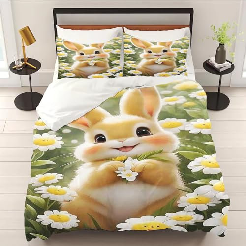 WEQEER Hasen Blumen bettwäsche 135x200 3D Ostereier Ostern Microfaser Bettbezug Frühling Saisonnal Kinderbettwäsche für Mädchen Und Jungen (5,Single 135x200CM)