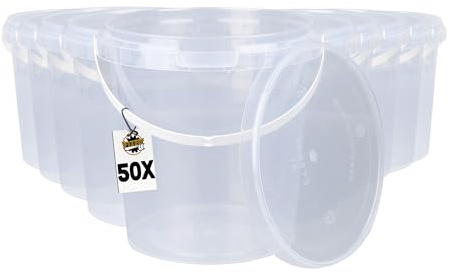 50 Eimer mit Deckel 1l Transparent rund | Kunststoff Eimer | Lebensmittelecht | luftdicht und stabil | Leer Behälter mit Griff und Deckel für Lebensmittel | Chemie | Tierfutter geeignet