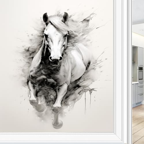 Vintage Pferd Fensterfolie Heat Blocking Ink Painting Weiß Tier Modern Sichtschutz Fenster Dekor Glastür Abdeckung Nicht klebende Fensteraufkleber für Badezimmer Küche 80 * 140 cm