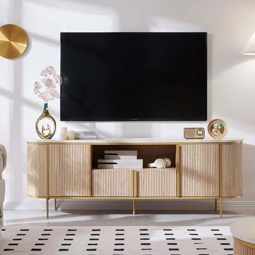 OKD Luxury 70 Fluted TV Stand, Modern Entertainment Center for TVs Up to 80 inches, TV Console with Faux Marble Top, Curved Profile Design, Media Console for Living Room, Natural Oak