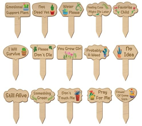 INFUNLY 15PCS Color Wooden Plant Markers Inspirational Words Plant Label Stakes 3X2 Flower Pattern Nursery Plant Tags T-Type Garden Labels for Outdoor Indoor Patio Succulent Potted Plants Decor