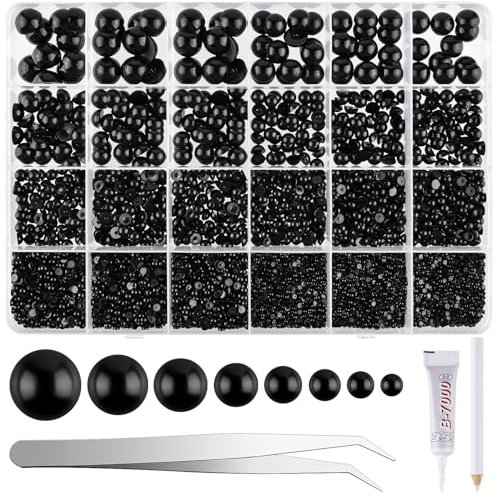 NACHLYNN 12000 Stück Perlen mit Flacher Rückseite 8 Schwarz Größen Halbrunde Perlen Größen Perlen Cabochon für Zum Basteln,Dekorieren, Schuhen Basteln von Handyhüllen