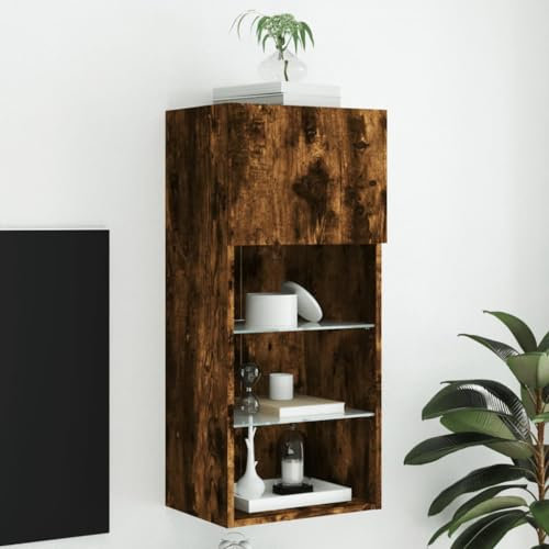 Homgoday TV-Schrank mit LED-Lichtern, Rauch-Eiche, 40,5 x 30 x 90 cm, TV-Schrank für Wohnzimmer, TV-Schrank, niedriger Schrank für industrielle Wohnzimmer, TV-Ständer