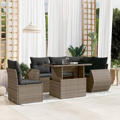Keyroto Gartenlounge Outdoor mit Gartentisch mit Verstellbare Tischplatte Dining Lounge Ecklounge Sitzecke Balkon Loungemöbel Gartensofa Sitzgruppe Outdoor Grau 6-TLG Type-B123