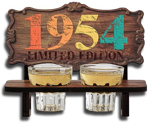 DARO Design - Schnapsbank Jahreszahl Geschenk zum 71. Geburtstag, Limited Edition Jahrgang 1954, Geburtstagsgeschenk Deko Vintage Retro Look lustige Geldgeschenke mit 2 Schnapsgläser, Geburtstagsdeko