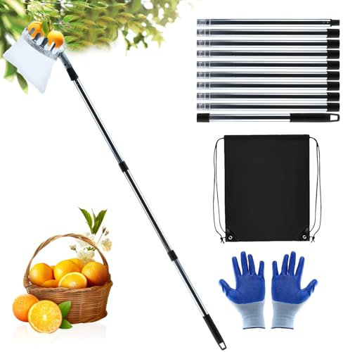 Feelhap Recogedor Frutas Telescopico, 3.9M Recogedor de Frutas con Varillas de Extensión, Recoge Frutas de árboles con Bolsa de Algodón, Frutas Herramientas Recolectoras para Manzanas, Naranjas, Peras