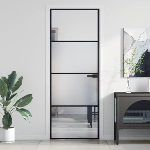 Brokky Interior Door Slim Black 76x201.5 cm Tempered Glass and Aluminium,Clear Glass Door,Black Aluminum Frame Barn Door Panel,Modern interior Door Kit for Office Kitchen Living Room Shower Door room