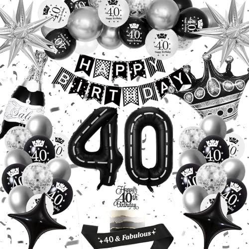 40th Birthday Decorations Men, Black Silver 40th Birthday Balloons 40th Birthday Banner 40th Birthday Sash 40th Birthday Cake Topper Number 40 Foil Balloons, Retro 40th Birthday Party Decorations