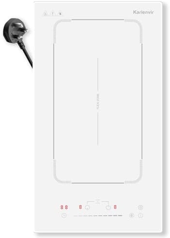 Karienvir White Induction Hob 30cm, 2 Zones Induction Cooktop With Extended Zone, 2800W Kitchen Induction Hob With Plug, Boost, 99 Minute Timer, Safety Lock, 220-240V