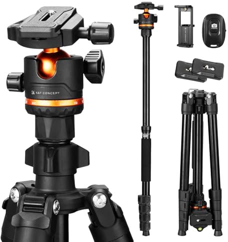 K&F Concept Treppiede Fotocamera e Smartphone 192cm, Treppiede in Alluminio Leggero e Compatto, Compatibile con Canon Sony DSLR Reflex iPhone, 360° Testa a Sfera, con Telecomando e Monopiede, O275A5