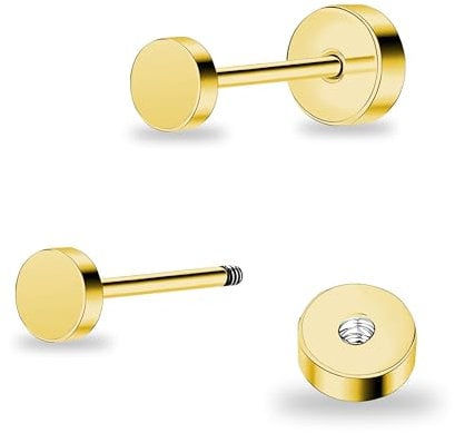 ZDE Titan Damen flach zurück Ohrstecker Frauen hypoallergene Ohrringe für empfindliche Ohren einfach klassisch 4mm flach Ohrstecker perfekt für Helix Tragus Knorpel (Gold, 3MM)