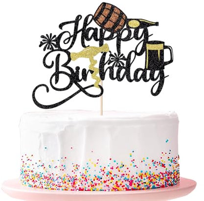 Ruscalin Champagne Beer Bottle Cake Toppers Happy Birthday Cake Topper Wine Bottle and Glass Whisky and Wine Men Women Bachelor Themed Birthday Party Decor