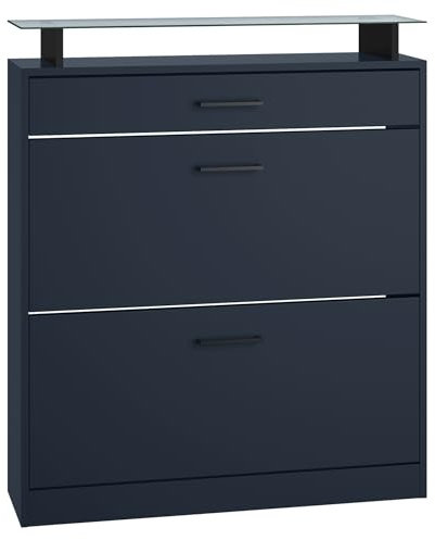 Vladon Schuhschrank Enigma, Schuhkipper für 16 Paar Schuhe mit 2 Klappen und 1 Schublade und Glasablage, Royal Blau (89 x 104 x 23 cm)