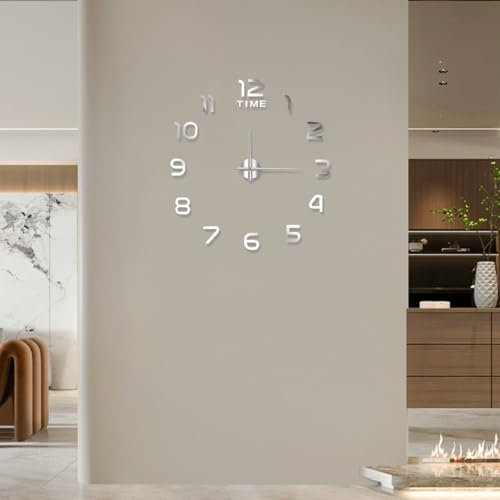GHIBFBT 3D Stick on Wall Clock, Luminous DIY Frameless Arabic Self Adhesive Wall Clock, 90cm Large Modern Mute Clock for Living Room, Hotel, Home (Silver)