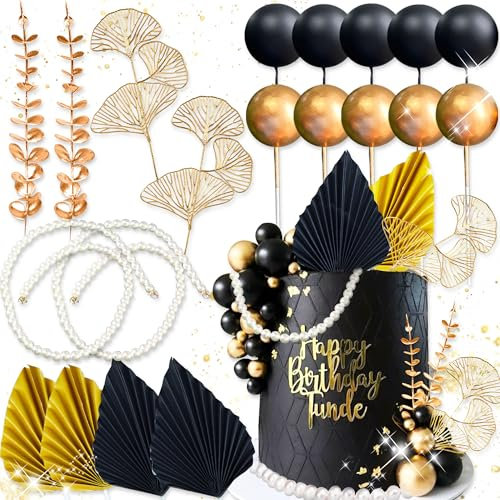 Boho Cake Topper Black Gold Balls Cake Topper Gold Leaves Cake Decoration Prom Cake Decoration Roaring 20s Cake Decoration 1920s Party Supplies