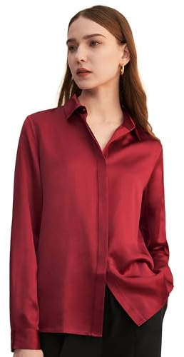 LilySilk Womens Pure Silk Shirt Ladies Button Down Classic Blouse Tops with Point Collar and Hidden Placket for Casual Business Multiple Occasions(Wine,L)