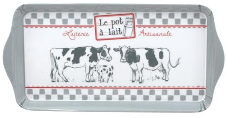 Efya Plateau de Service Le Pot à Lait, Mélamine, Motif Vaches, 30 x 15 cm, Gris et Blanc
