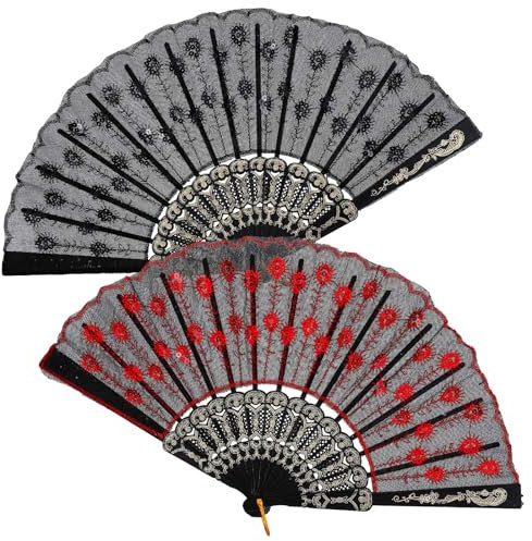Grevosea 2 Pcs Folding Hand Fan, Elegant Colorful Embroidered Flower Peacock Pattern Sequin Fabric Folding Handheld Hand Fan for Flamenco Dancer Dancing 1920s Women Costume Decoration Festival Gift