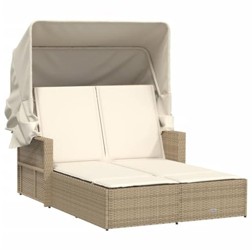 Emmtore Doppel Sonnenliege, Sonnenbett mit ausziehbarem Sonnendach, Doppelliege mit Verstellbarer Rückenlehne, Gartenmöbel Gartenliege,Poly Rattan,Beige