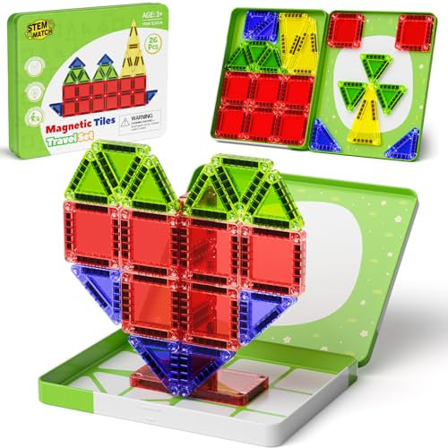 Portable Mini Magnetic Tiles Travel Set STEM Travel Toys for Kids, Iron Box Base for On - the - Go Play, Mess - Free Storage, Travel Toys Boys & Girls Birthday Gift (26pcs Magnetic Tiles)