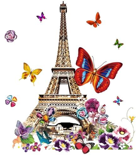 Paris Eiffelturm Wandtattoo Bunte Schmetterlinge Blumen 38 x 32 cm Deko Wandaufkleber