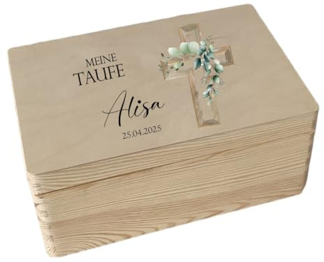 minimutz Holzkiste Geschenk Taufe, Personalisiertes Taufgeschenk Mädchen Junge, Erinnerungskiste aus Holz, Aufbewahrungsbox bunter Aufdruck, Baby Kindheitserinnerungen Kreuz M (30x20x14 cm)