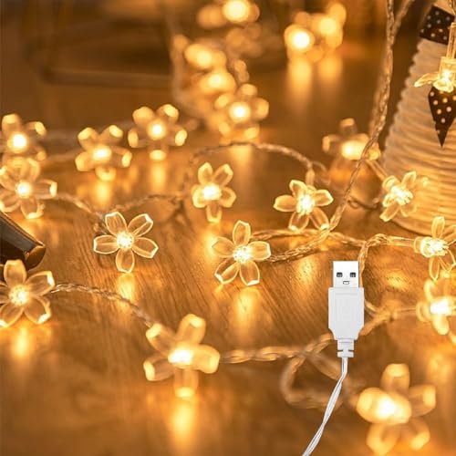 ENLACE Lichterkette Blumen, 6M 40 LED Lichterkette Kirschblüten mit USB, Warmweiß Blumen Lichterketten für Garten, Hochzeit, Innen, Außen, Terrasse, Bäume, Weihnachten, Party Deko