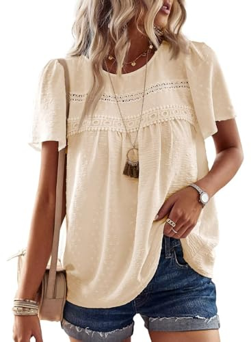 TUUHAW Femme Chemisier Boho Blouse Manches Courtes Col Rond Tunique Fluide | Dentelle T-Shirt, Décontracté Tops, Chemise Chic et Élégant, Été Fluide Hauts, Confortable T-Shirt, Vacances Formel Blouse