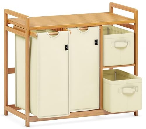 ADEL DREAM Wäschekorb 4 Fächer Wäschesammler 140L Wäscheboxen Mit Korb Wäschesortierer mit 2 Wäschesäcken & 2 Stoffboxen mit Ablage Wäschesack Bambus Wäscheregal Wäschebox Laundry basket Beige