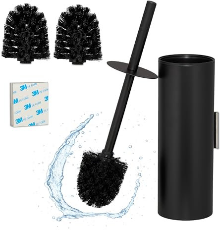 Relaxdays Toilettenbürste Wandmontage, Kleben oder Bohren, HBT: 36,5x9x11 cm, WC-Bürste, Edelstahl, Kunststoff, schwarz
