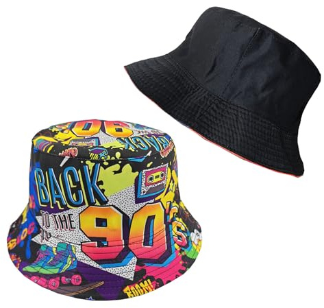 Vxcvzv 1 Stück 80er 90er Jahre Fischerhüte, Reversible Retro Bucket Hat, 90er Jahre Accessoires Eimer Hüte für Damen Männer Fasching Karneval Party